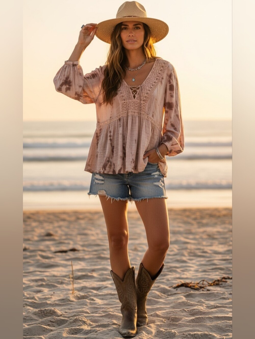 Womens Pink Tie Dye Wash Crochet Lace-Up Peasant Top Flowy